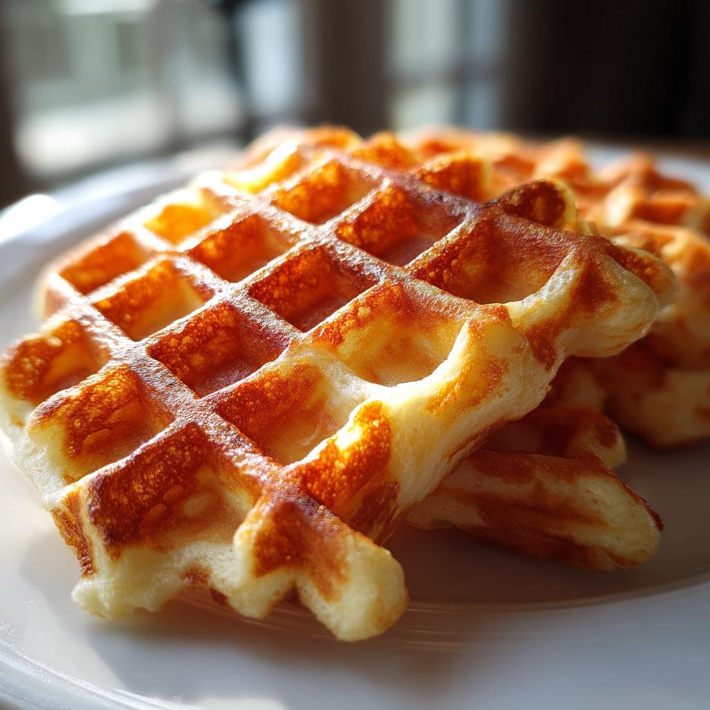 Nahaufnahme von fluffigen Vanille Waffeln mit goldbrauner Kruste, gestapelt auf einem weißen Teller.