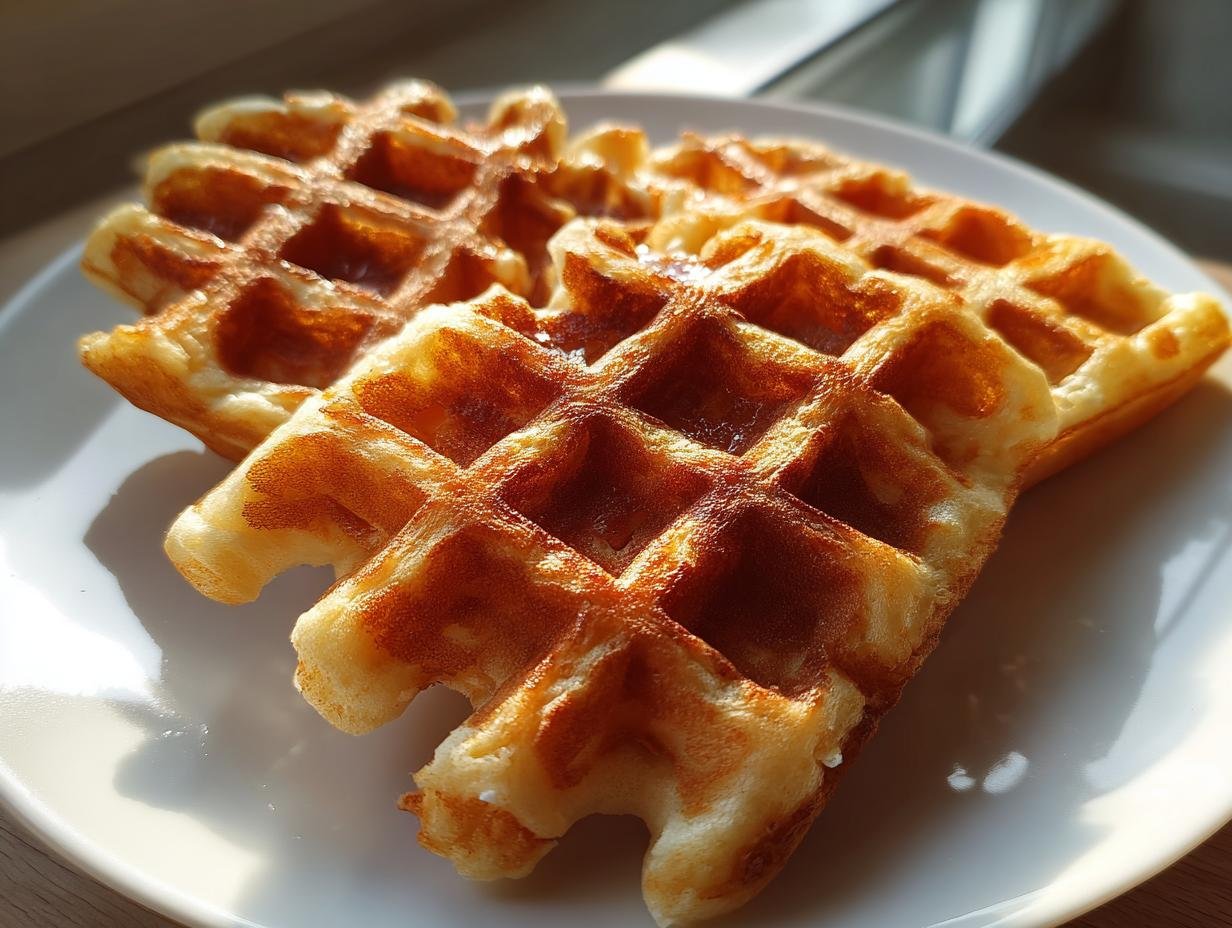 Nahaufnahme von zwei frisch gebackenen, fluffigen Vanille Waffeln mit goldbrauner Kruste auf einem weißen Teller.