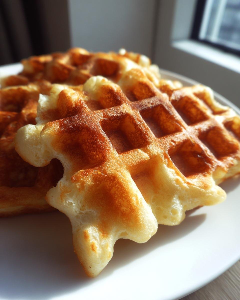 Nahaufnahme von fluffigen, goldbraun gebackenen Vanille Waffeln auf einem weißen Teller, beleuchtet durch Tageslicht.