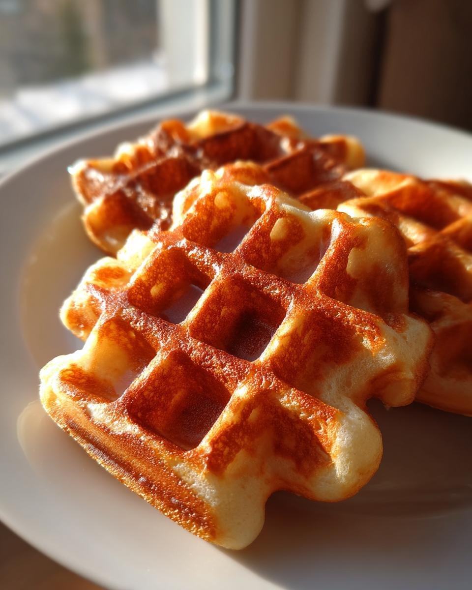 Nahaufnahme von fluffigen Vanille Waffeln, goldbraun gebacken, die auf einem weißen Teller liegen.