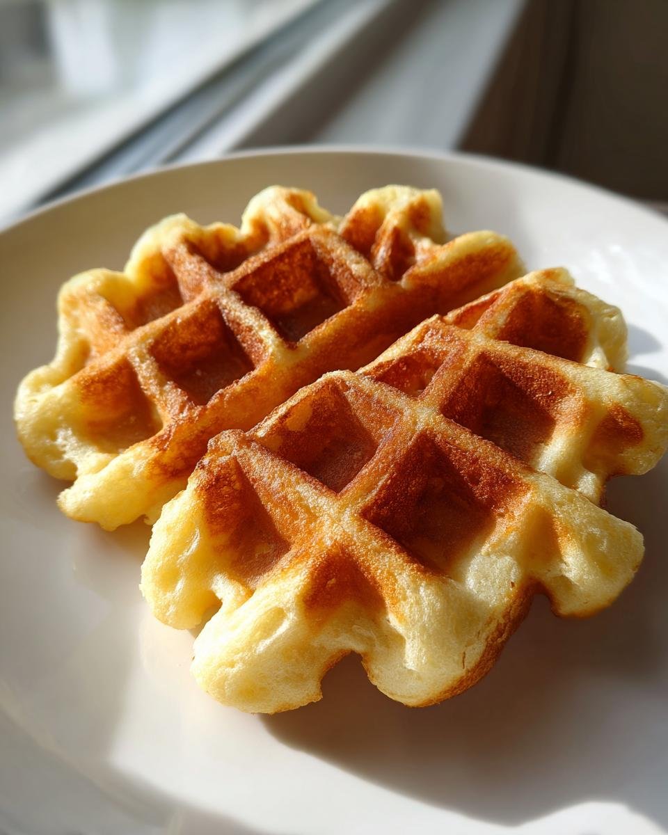 Nahaufnahme von zwei goldbraun gebackenen Vanille Waffeln auf einem weißen Teller, die das fluffige Soul Food perfekt darstellen.