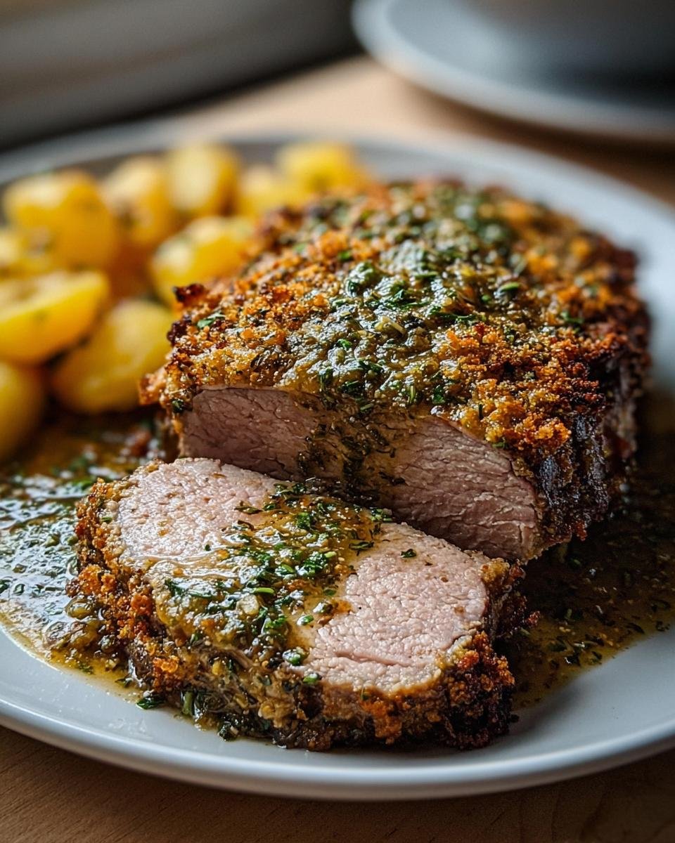 Ein angeschnittener Veganer Braten mit Bohnen, bedeckt mit einer knusprigen Kräuterkruste und Soße, serviert mit Salzkartoffeln.