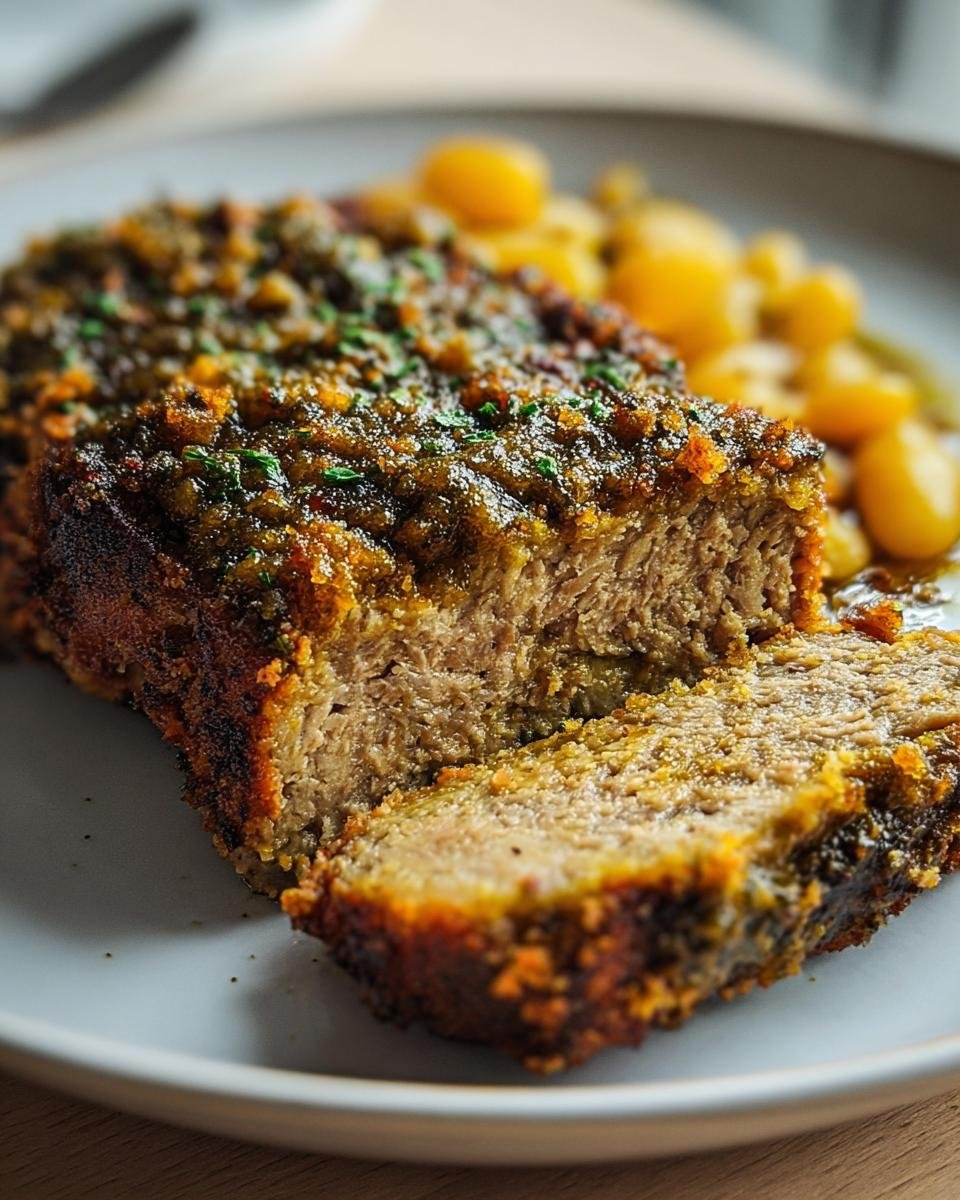 Nahaufnahme eines aufgeschnittenen Veganer Braten mit Bohnen mit einer würzigen Kruste, serviert mit kleinen Kartoffeln.