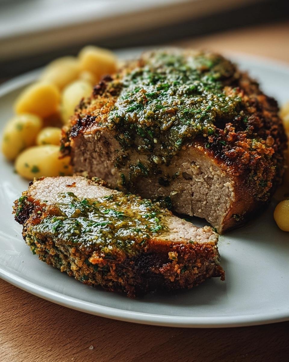 Ein aufgeschnittener Veganer Braten mit Bohnen, knusprig paniert und mit Kräuteröl beträufelt, serviert mit Salzkartoffeln.