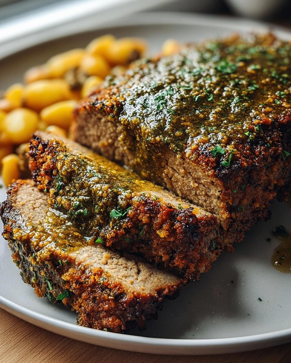 Aufgeschnittener Veganer Braten mit Bohnen, bedeckt mit einer glänzenden, grünen Kräutersoße, serviert mit kleinen Kartoffeln.