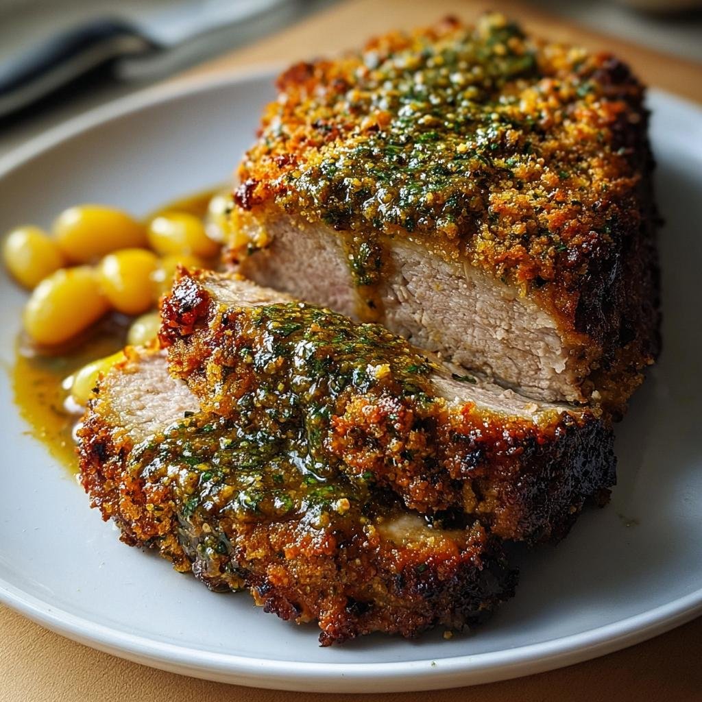 Aufgeschnittener Veganer Braten mit Bohnen, bedeckt mit knuspriger Kruste und Kräutersauce.