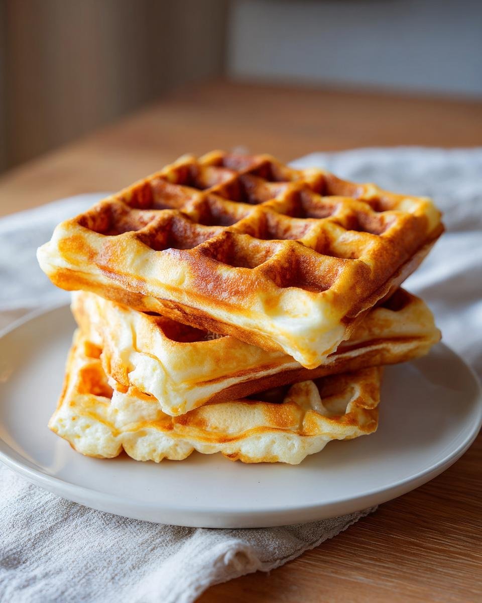 Stapel von drei goldbraunen, fluffigen Waffeln, zubereitet mit bestem Waffelteig, auf einem weißen Teller.