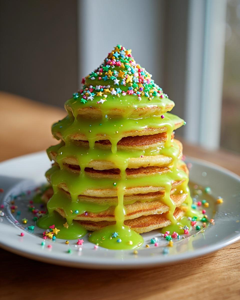 Stapel von Pancakes, geformt wie ein Weihnachtsbaum, bedeckt mit leuchtend grünem Zuckerguss und bunten Streuseln.