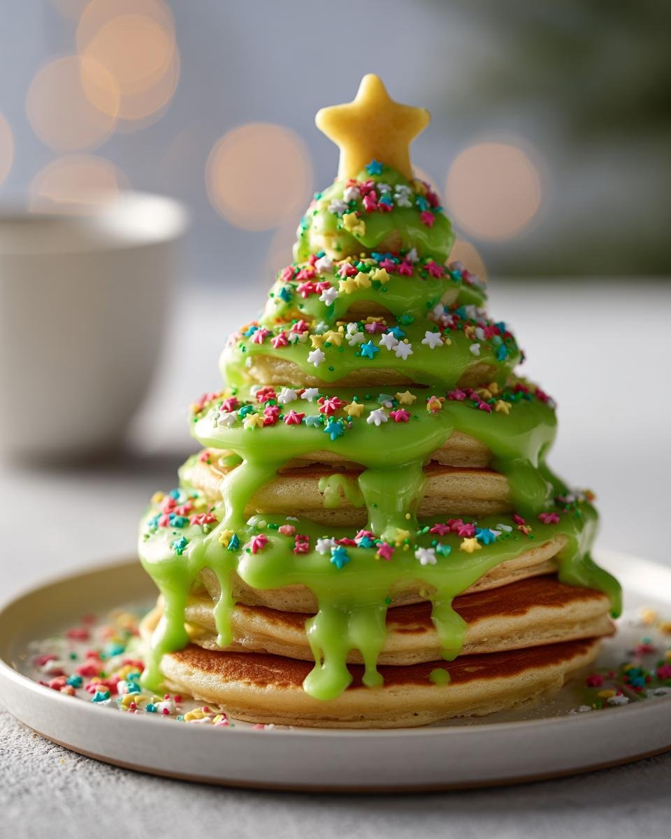 Stapel von Pancakes in Tannenbaumform, bedeckt mit leuchtend grüner Glasur und bunten Streuseln, als Weihnachts Pancakes Tannenbaum.