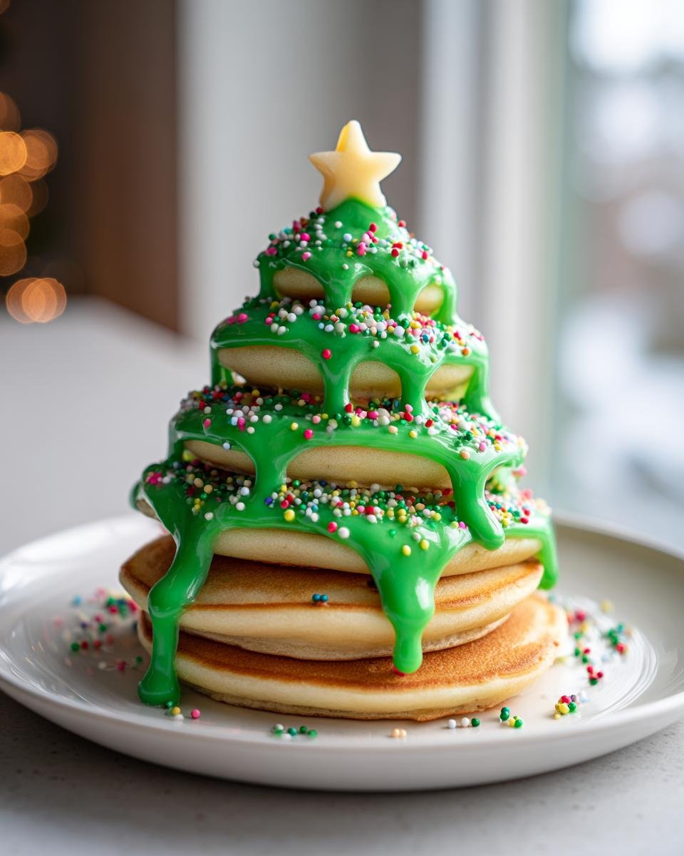 Stapel von Pancakes geformt wie ein Weihnachtsbaum, bedeckt mit grünem Zuckerguss und Streuseln, als Weihnachts Pancakes Tannenbaum.
