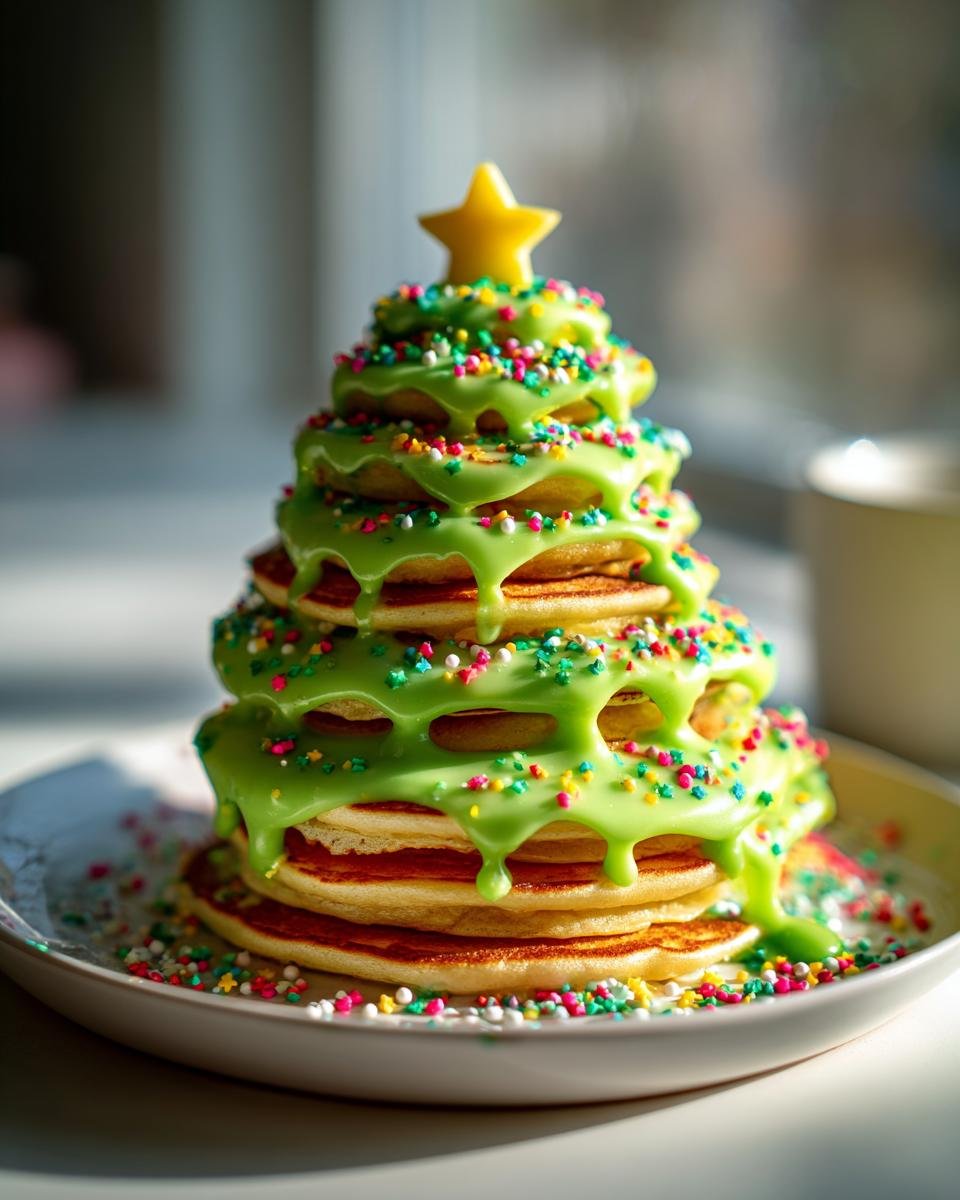 Stapel von Pancakes geformt wie ein Weihnachtsbaum, bedeckt mit grünem Zuckerguss und bunten Streuseln, der perfekte Weihnachtsfrühstück Genuss.