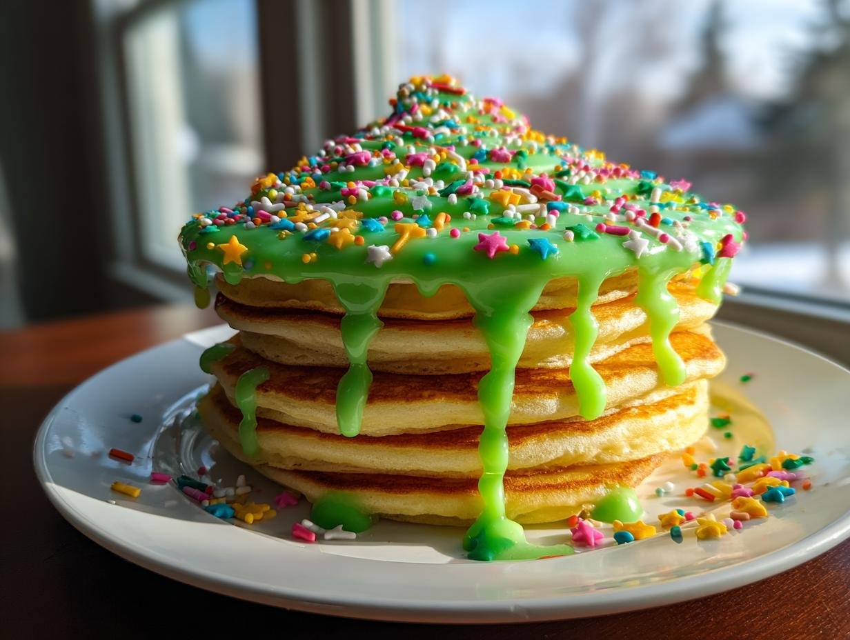 Stapel von Pancakes geformt wie ein Weihnachtsbaum, bedeckt mit leuchtend grünem Zuckerguss und bunten Streuseln – Weihnachts Pancakes Tannenbaum.