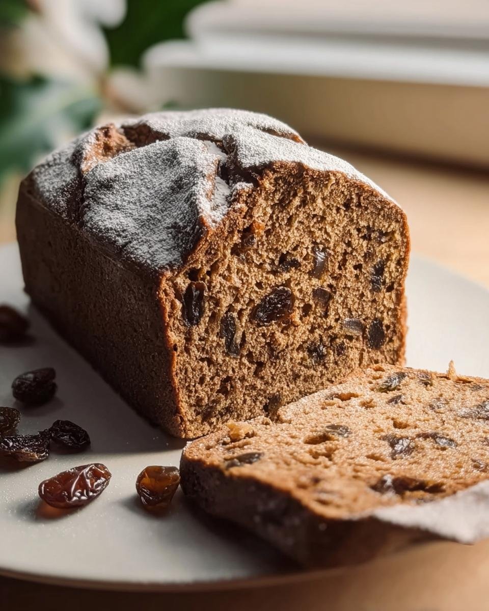 Anschnitt eines saftigen Weihnachtsbrot auf schwedische Art mit Rosinen und Puderzucker bestäubt.