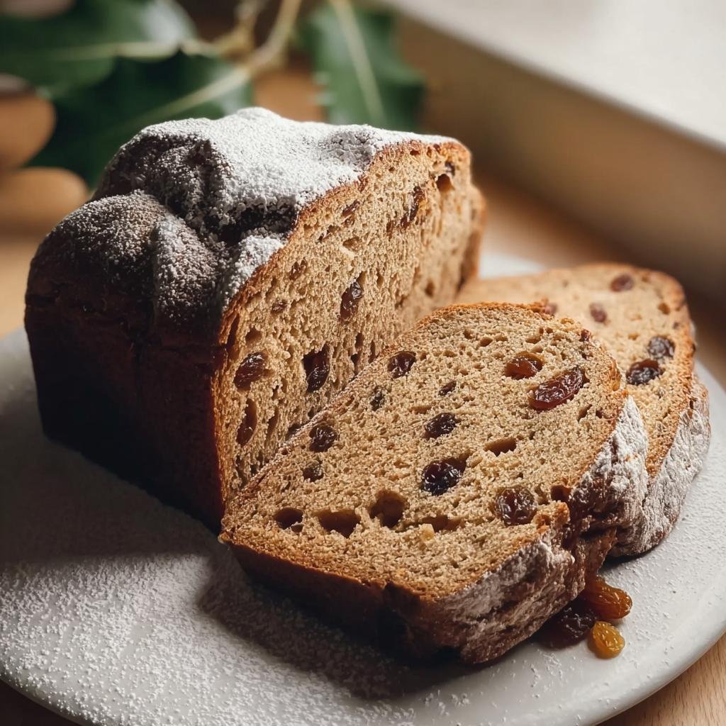 Anschnitt eines saftigen Weihnachtsbrot auf schwedische Art mit vielen Rosinen und Puderzucker bestäubt.