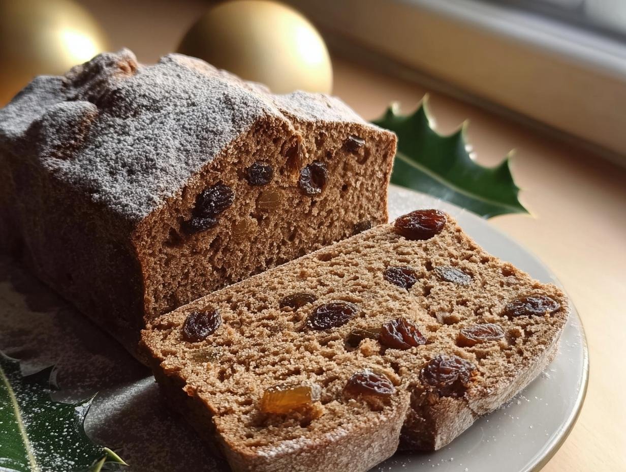 Aufgeschnittenes Weihnachtsbrot auf schwedische Art, bestäubt mit Puderzucker und reich an Rosinen.