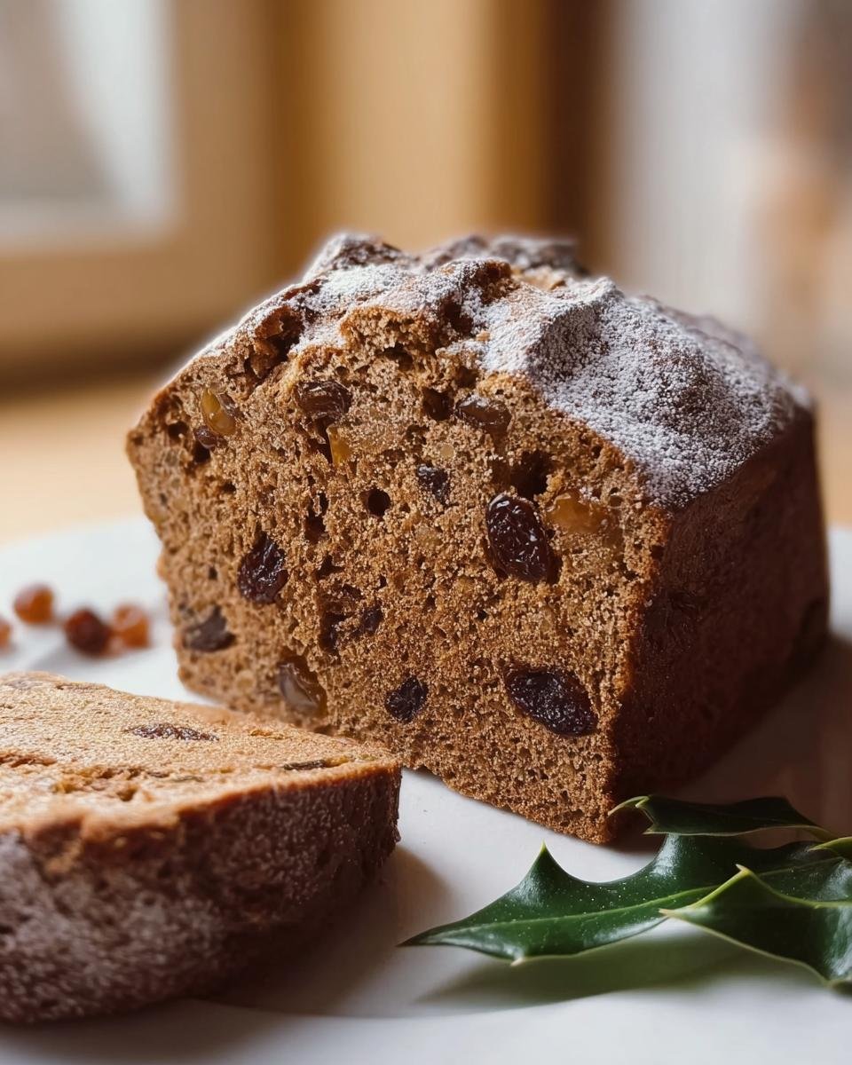 Angeschnittenes Weihnachtsbrot auf schwedische Art, reich an Rosinen und Nüssen, bestäubt mit Puderzucker.