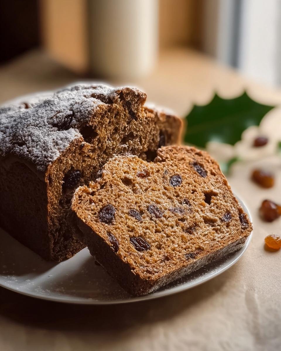 Angeschnittenes Weihnachtsbrot auf schwedische Art mit Rosinen, bestäubt mit Puderzucker auf einem Teller.