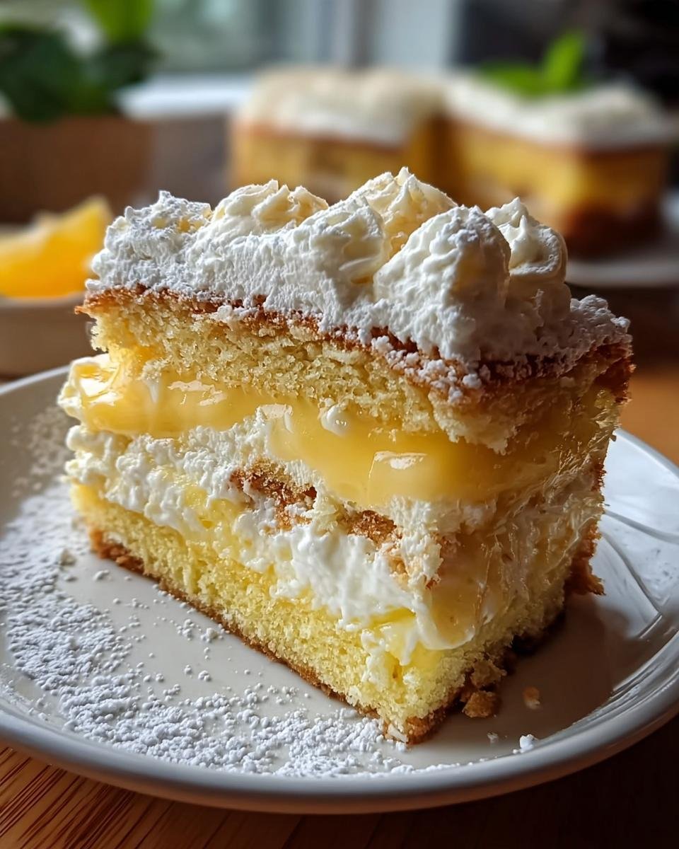 Nahaufnahme eines saftigen Stücks Weihnachtskuchen mit Pudding, Sahne und Puderzucker.