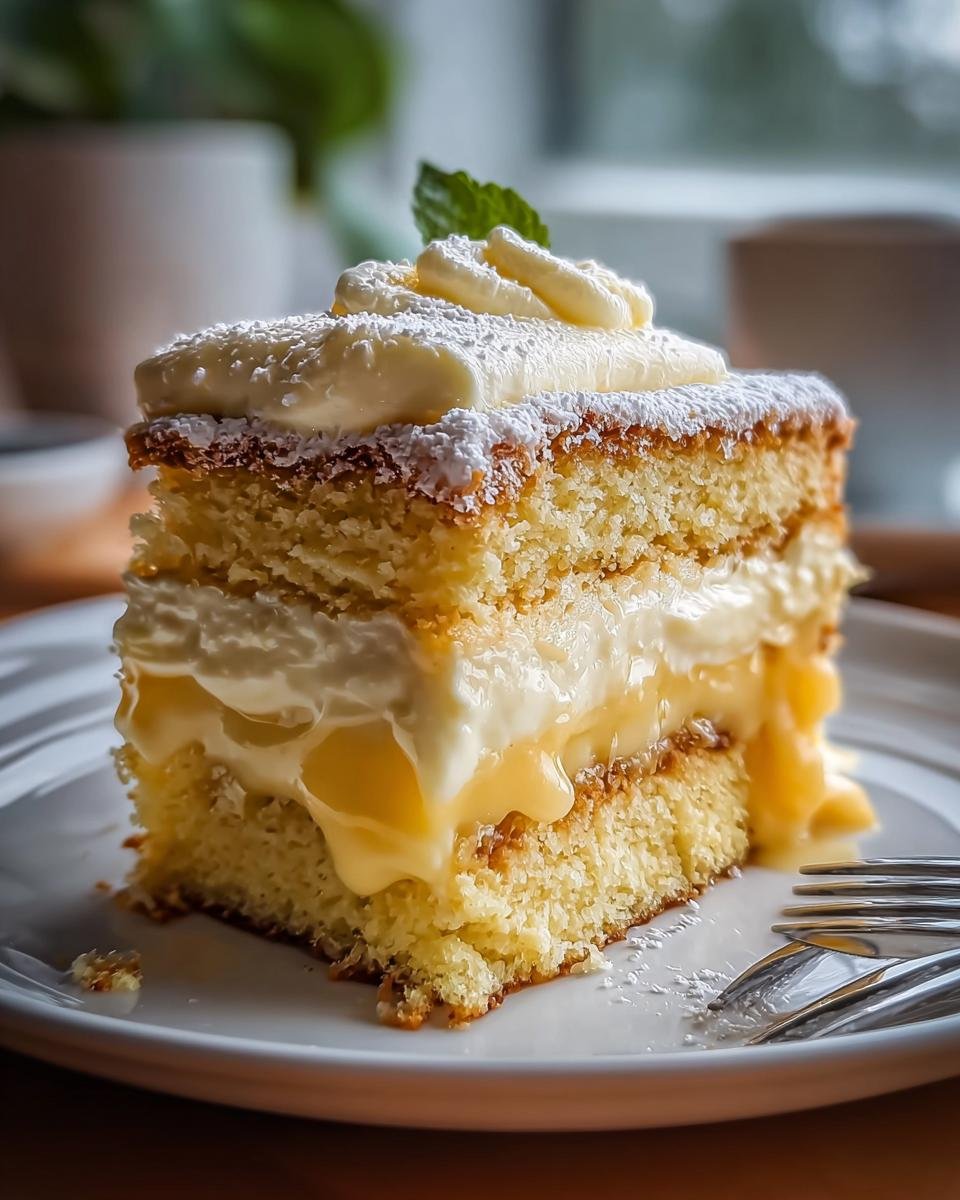 Ein saftiges Stück Weihnachtskuchen mit Pudding und Sahne, bestäubt mit Puderzucker.