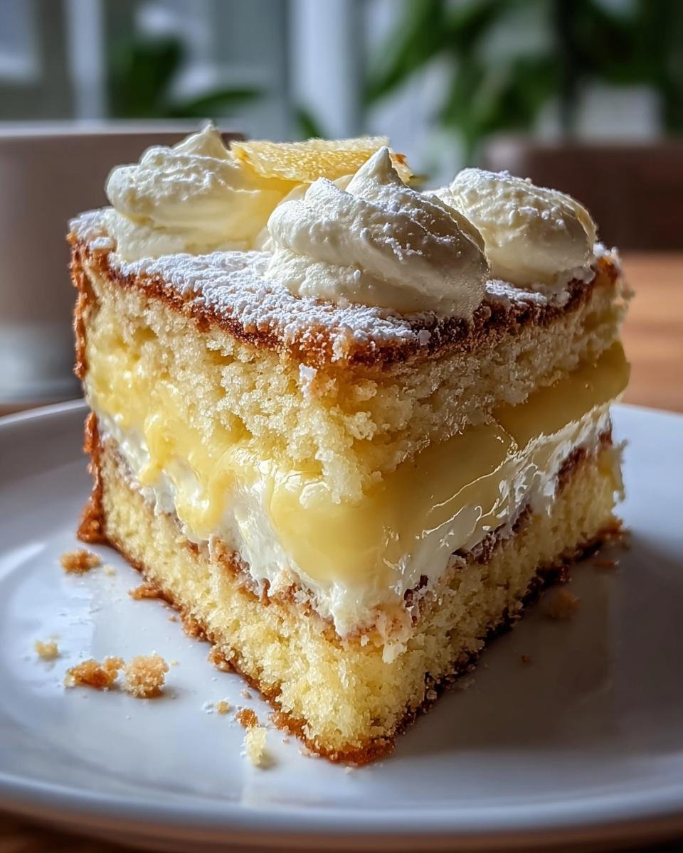 Nahaufnahme eines Stücks Weihnachtskuchen mit Pudding, gefüllt mit Vanillecreme und garniert mit Sahnetupfern.