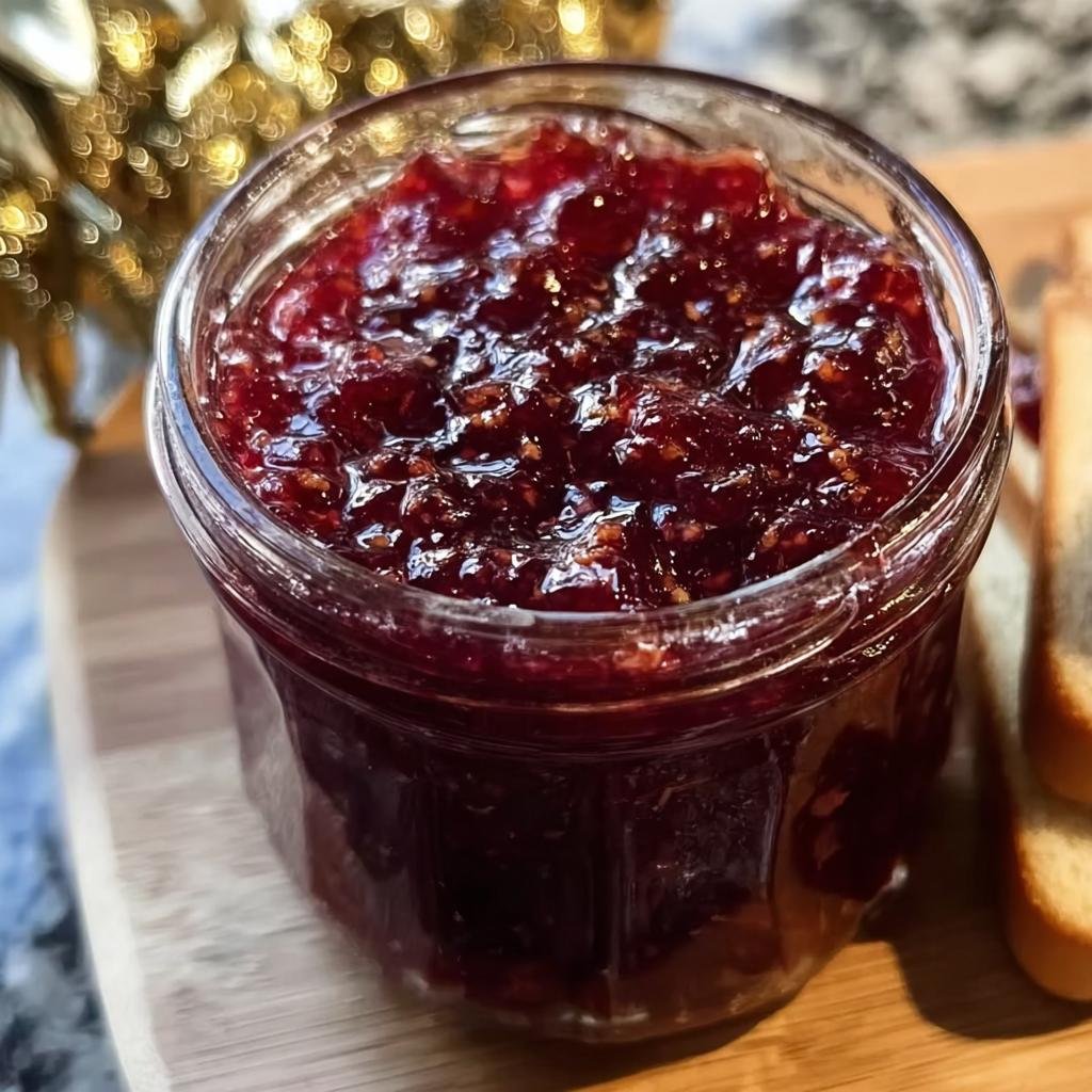 Nahaufnahme eines Glases mit dunkler Weihnachtsmarmelade Apfel Kirsch mit Zimt, glänzend und stückig.