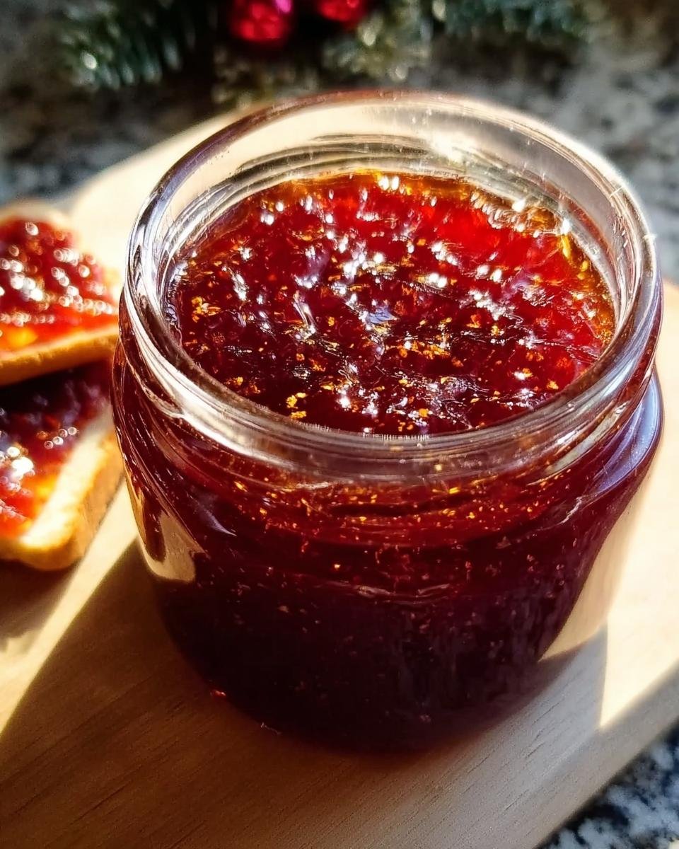 Nahaufnahme eines Glases mit dunkler Weihnachtsmarmelade Apfel Kirsch mit Zimt, daneben zwei Toastscheiben.