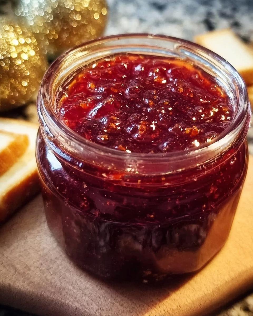 Nahaufnahme eines Glases mit dunkler Weihnachtsmarmelade Apfel Kirsch mit Zimt, bereit zum Servieren.