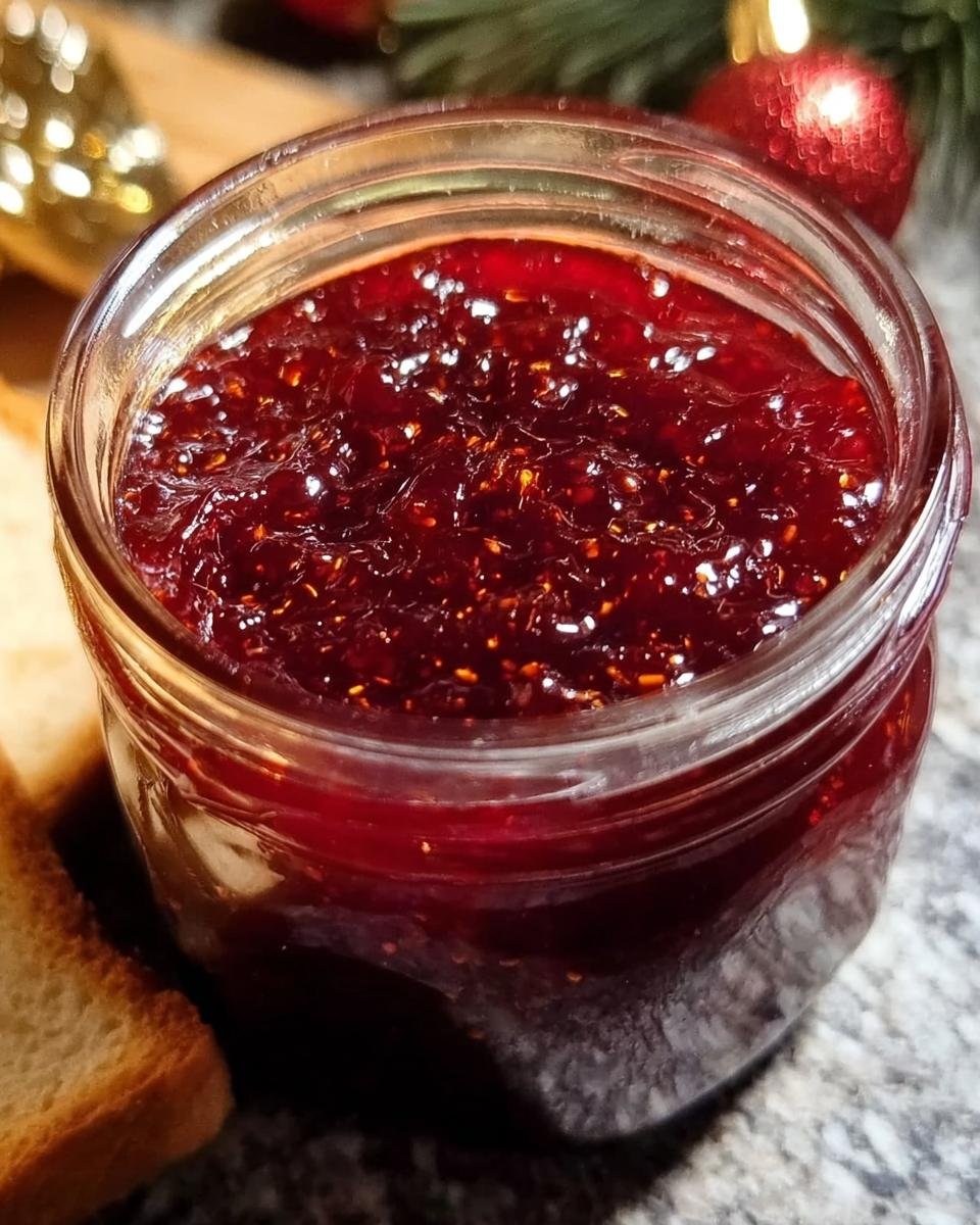 Nahaufnahme eines Glases mit dunkler Weihnachtsmarmelade Apfel Kirsch mit Zimt, umgeben von weihnachtlicher Dekoration.