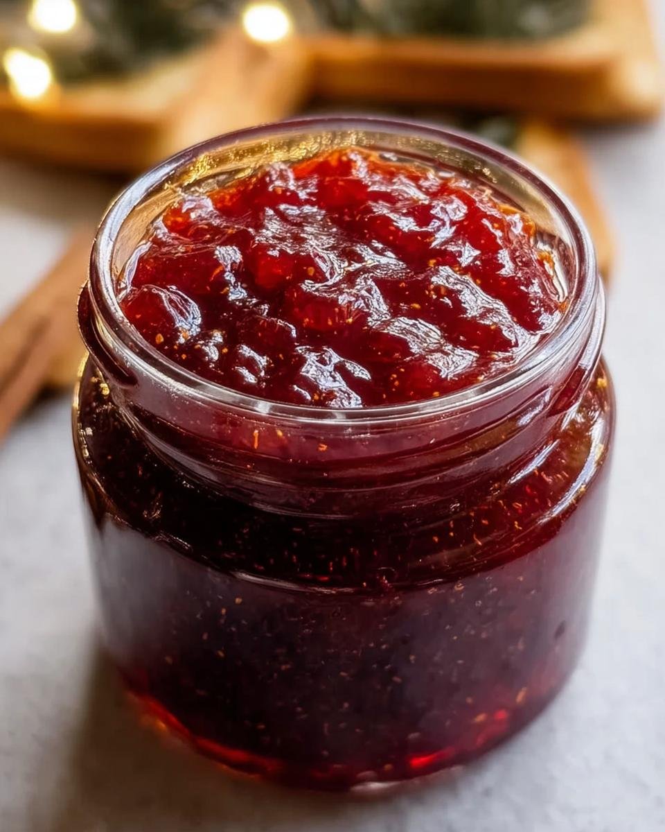 Nahaufnahme eines Glases mit dunkler, glänzender Weihnachtsmarmelade Apfel Kirsch mit Zimt.