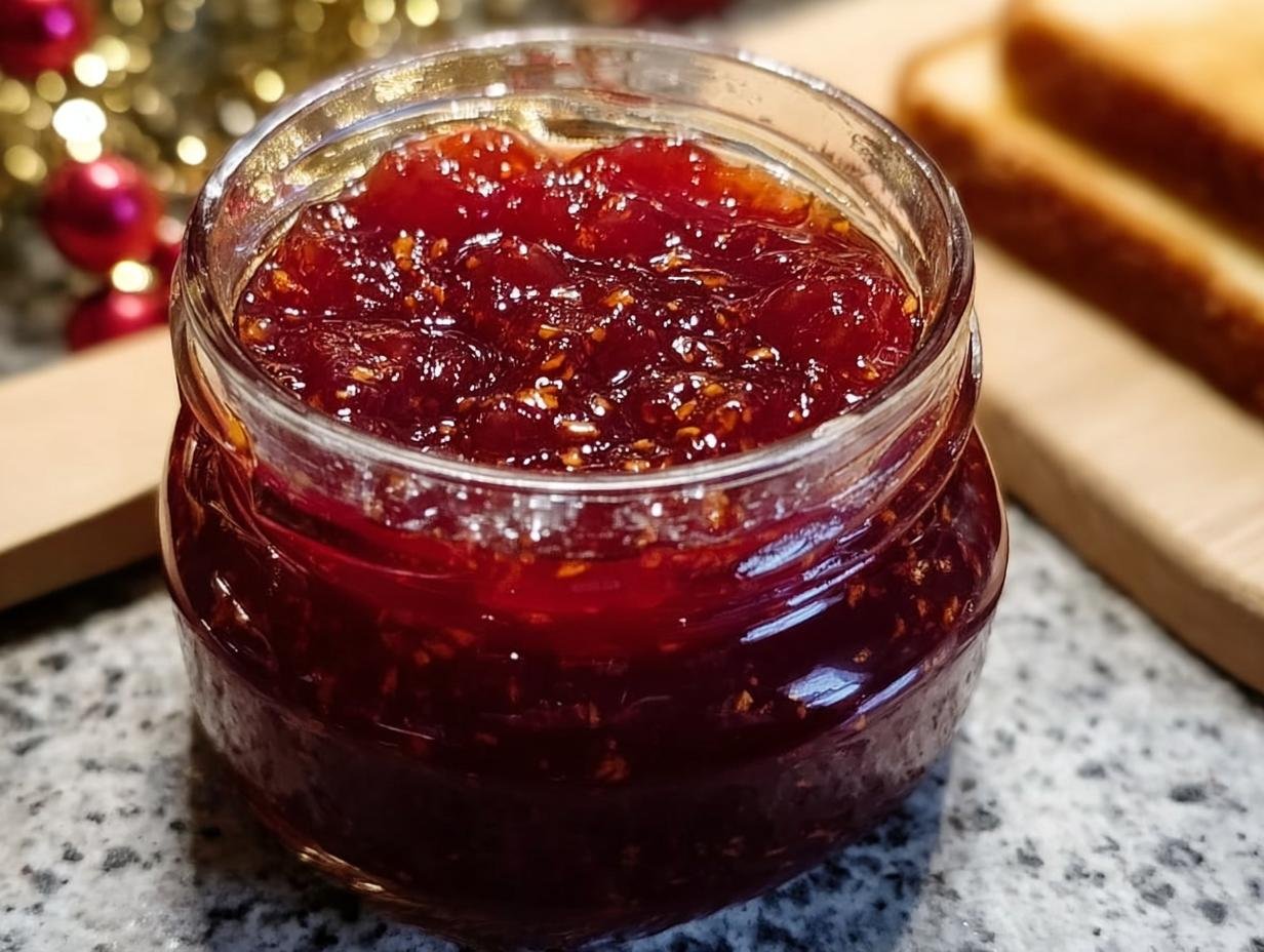 Nahaufnahme eines Glases mit leuchtend roter Weihnachtsmarmelade Apfel Kirsch mit Zimt, mit sichtbaren Zimtstücken.