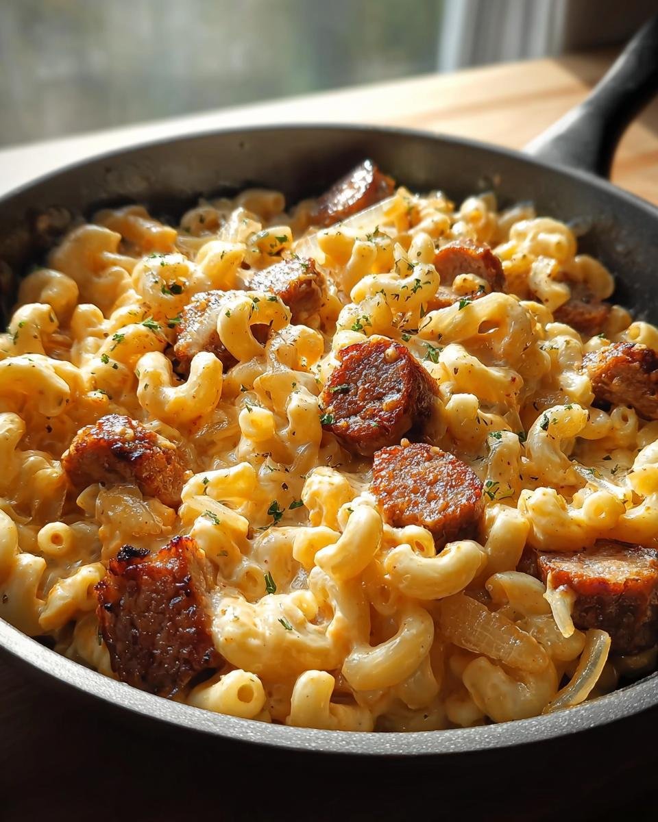 Nahaufnahme einer cremigen Wurstpfanne mit Makkaroni und gebratenen Wurststücken.