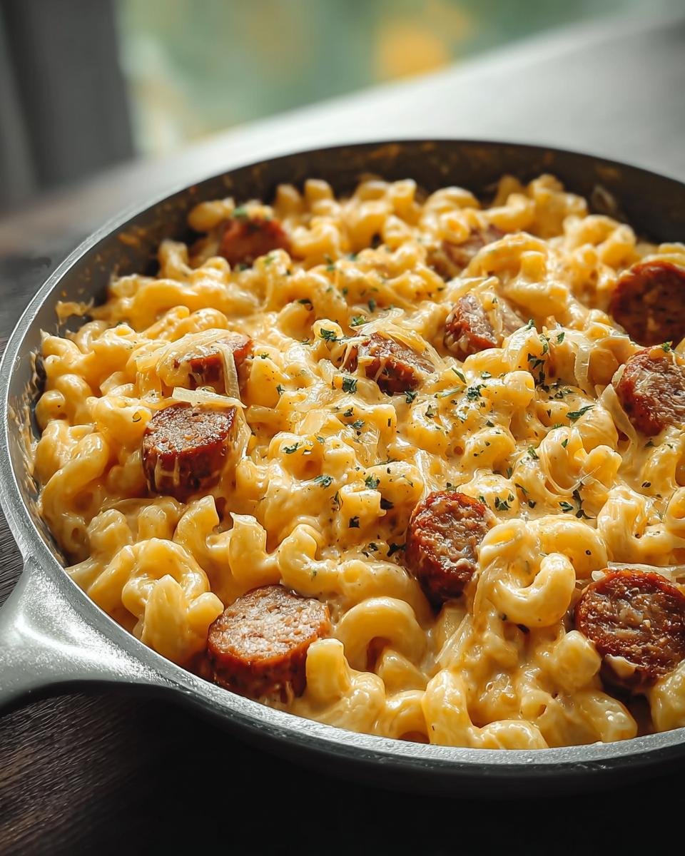 Cremige Wurstpfanne mit Makkaroni und gebratenen Wurstscheiben in einer gusseisernen Pfanne.