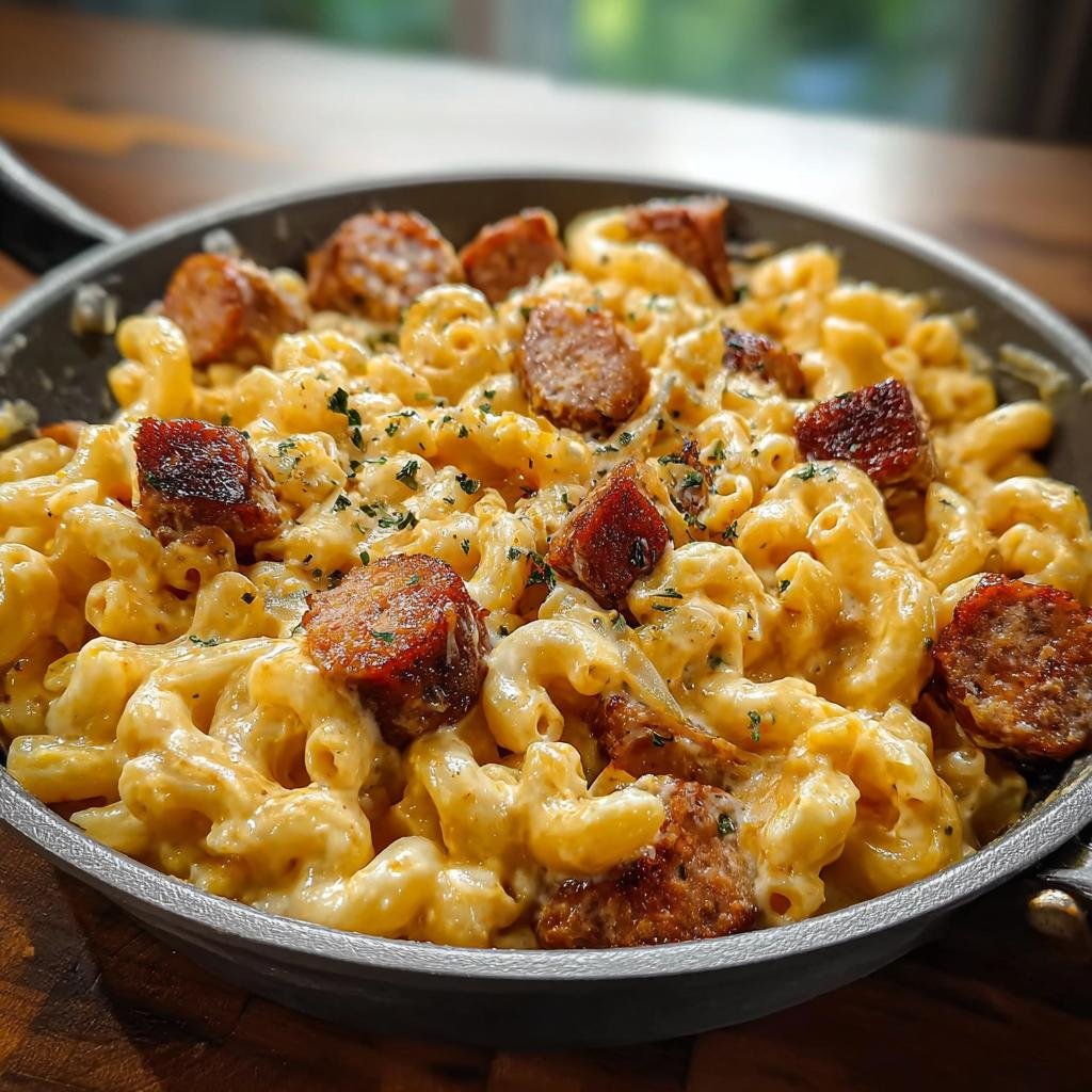 Nahaufnahme einer Wurstpfanne mit Makkaroni, bedeckt mit cremiger Käsesauce und Wurststücken.