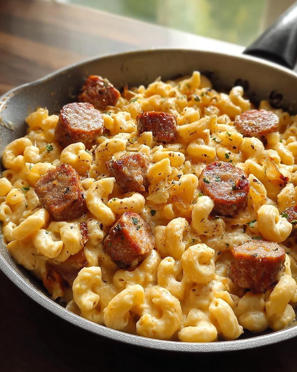 Nahaufnahme einer Wurstpfanne mit Makkaroni in einer gusseisernen Pfanne, bedeckt mit Käsesauce und Wurststücken.