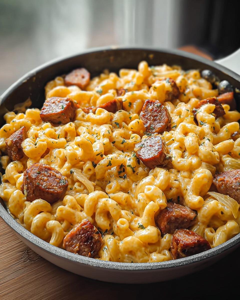 Eine Pfanne voll cremiger Wurstpfanne mit Makkaroni, garniert mit gebratenen Wurststücken und Kräutern.