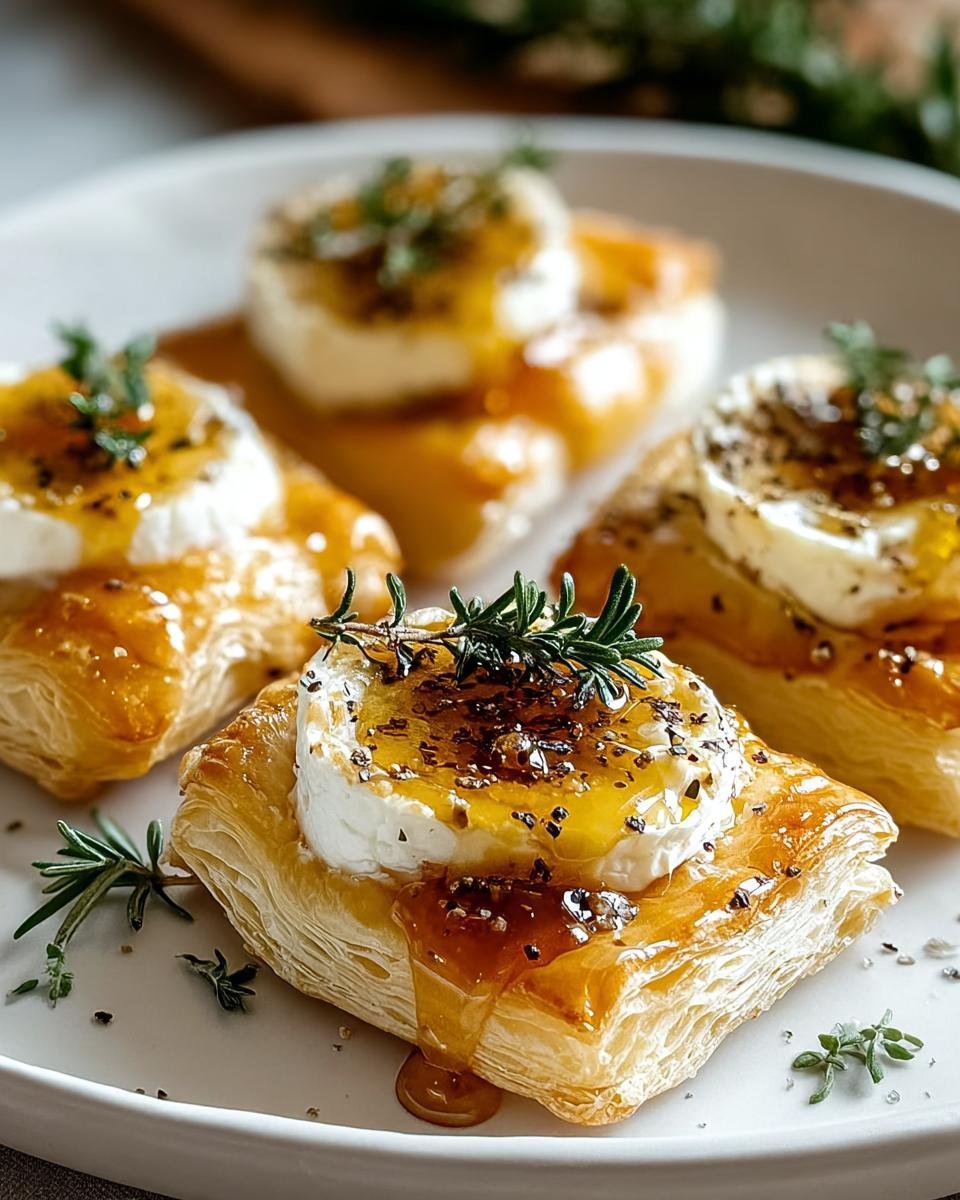 Nahaufnahme von Ziegenkäse und Honig Häppchen auf Blätterteig, garniert mit Rosmarin.