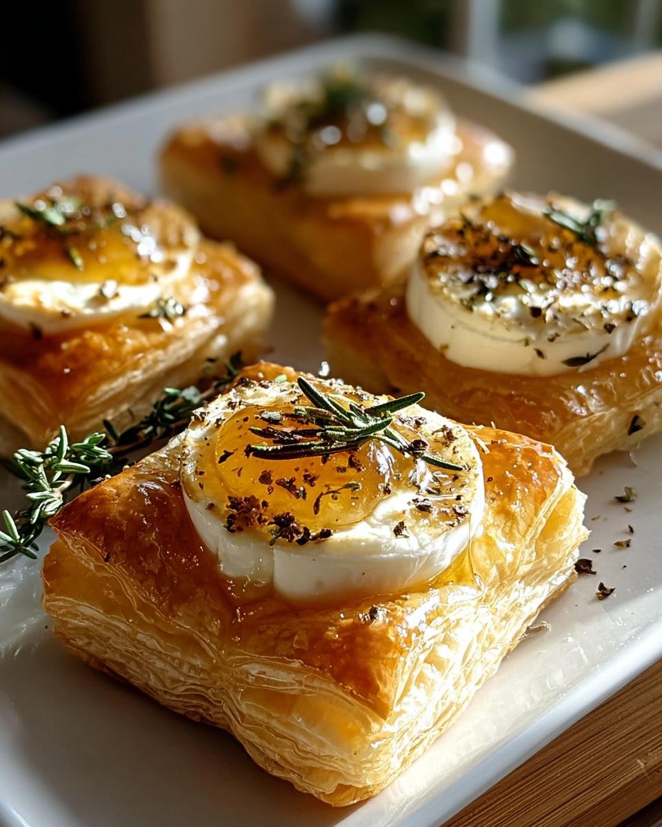 Nahaufnahme von vier Ziegenkäse und Honig Häppchen auf Blätterteig mit Rosmarin.