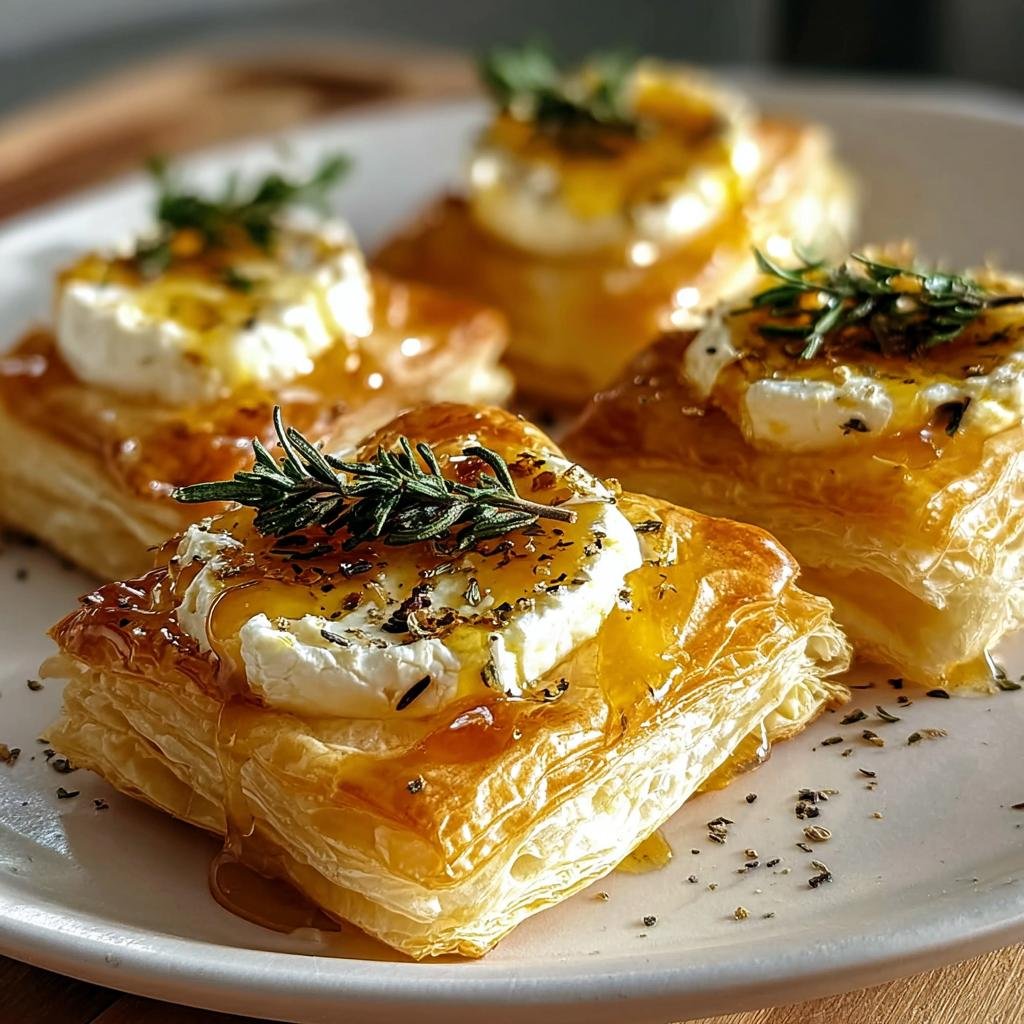 Nahaufnahme von vier Ziegenkäse und Honig Häppchen auf Blätterteig, garniert mit Rosmarin.