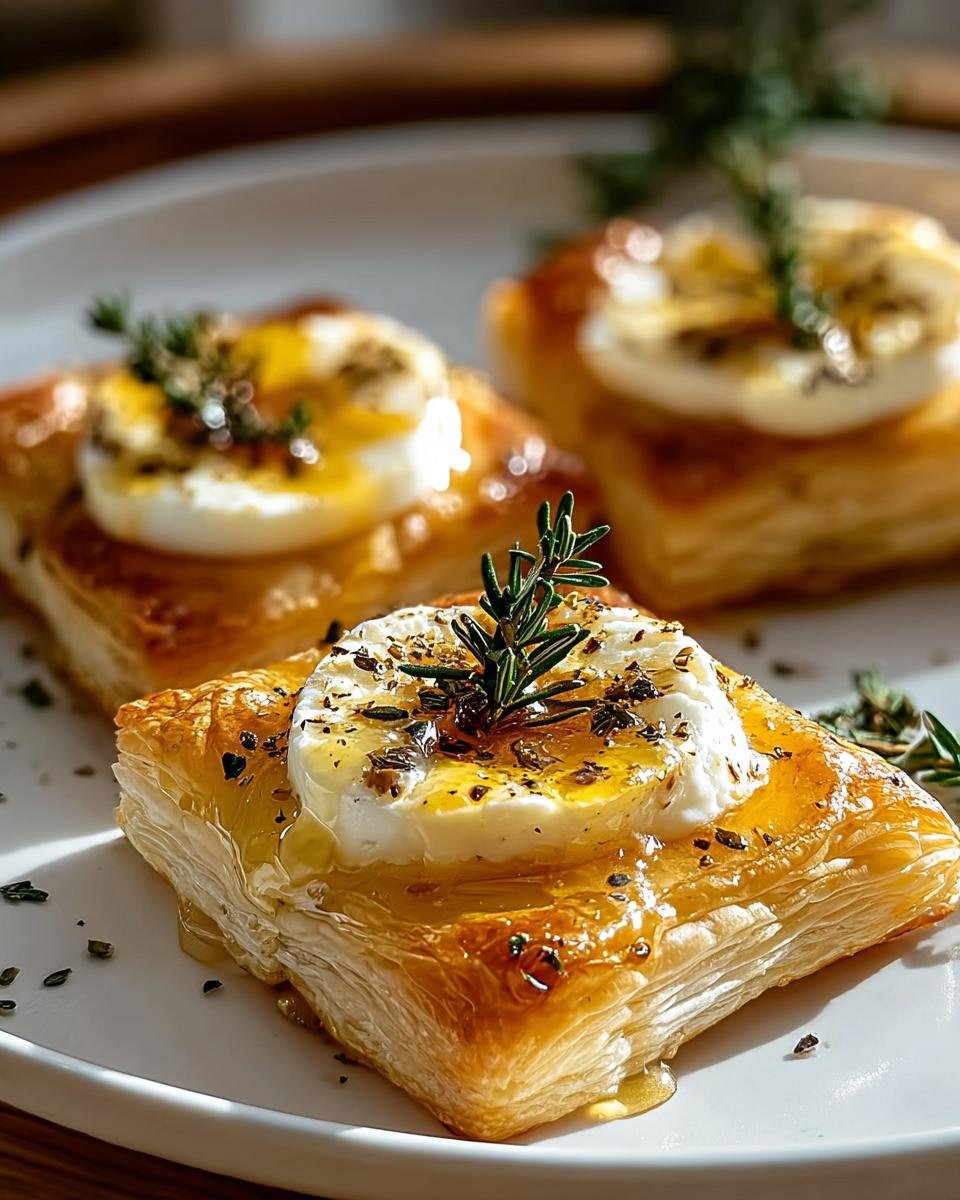 Nahaufnahme von drei Ziegenkäse und Honig Häppchen auf Blätterteig, garniert mit Rosmarin.