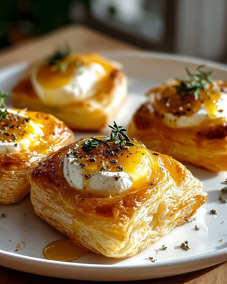 Nahaufnahme von vier Ziegenkäse und Honig Häppchen auf Blätterteig mit Thymian garniert.