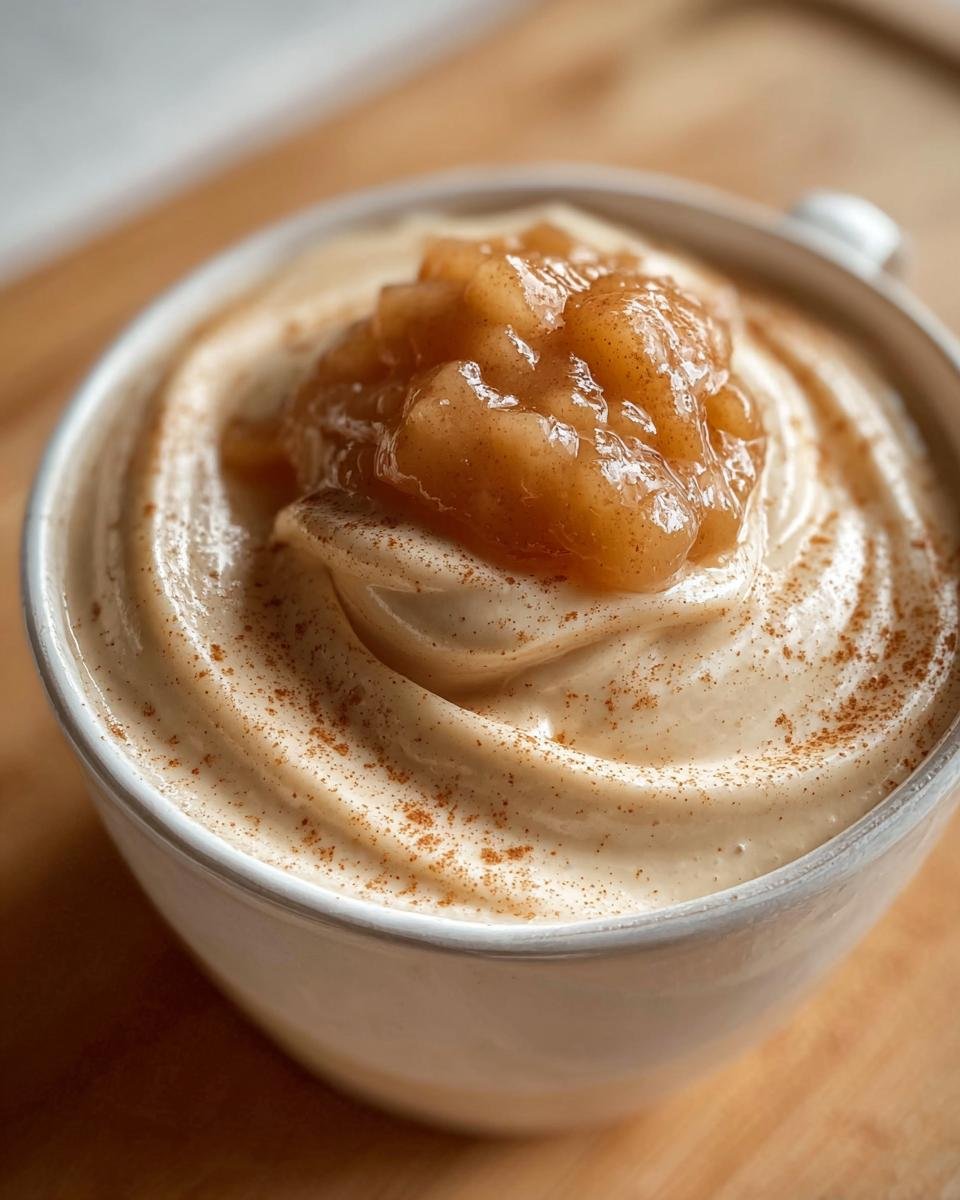 Nahaufnahme einer cremigen Zimtcreme mit Apfelmus und Zimtstaub in einer weißen Tasse.