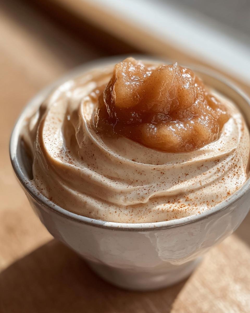 Nahaufnahme einer cremigen Zimtcreme mit Apfelmus-Topping in einer kleinen weißen Schale.