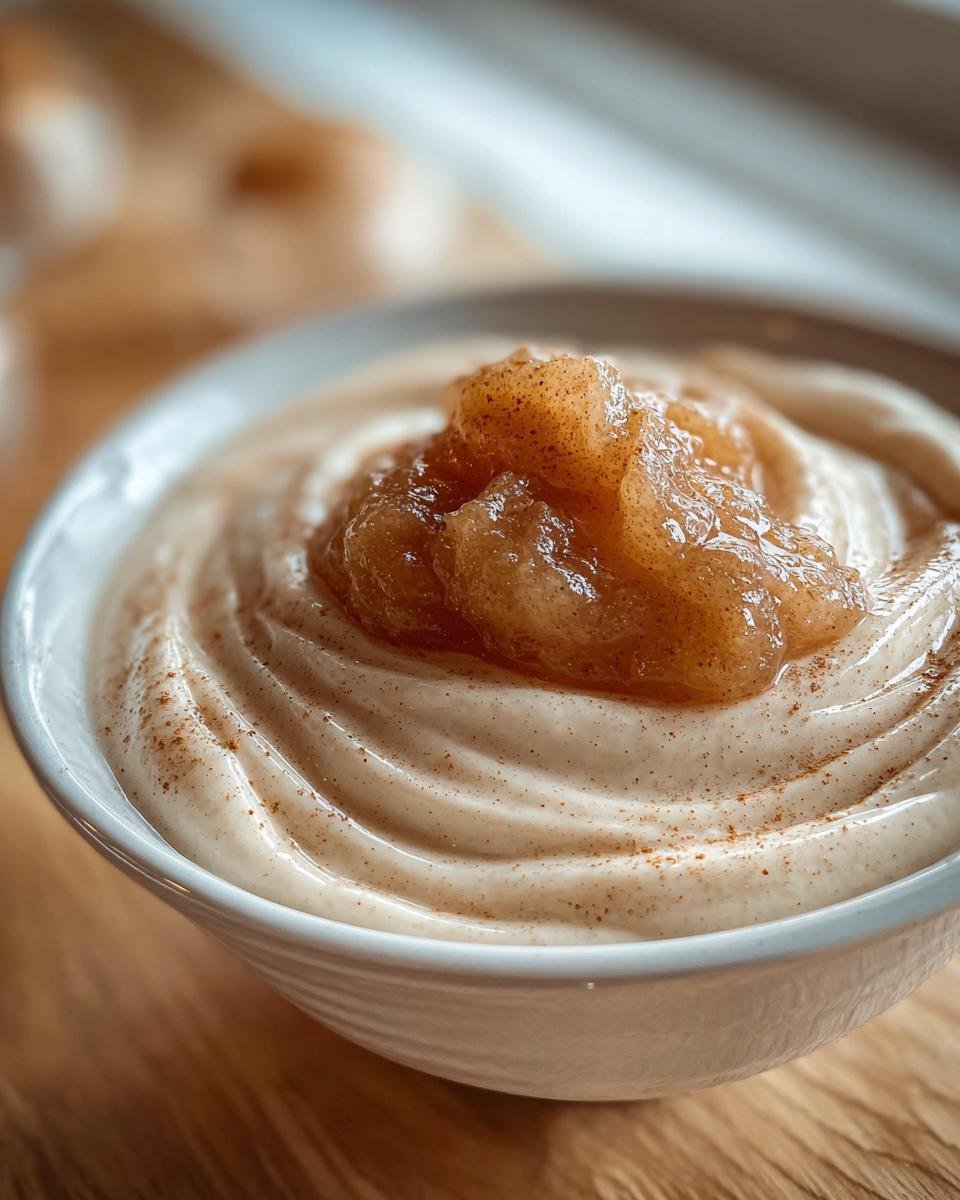 Cremige Zimtcreme mit einem Klecks Apfelmus und Zimt bestreut, ein perfektes Zimtcreme mit Apfelmus.