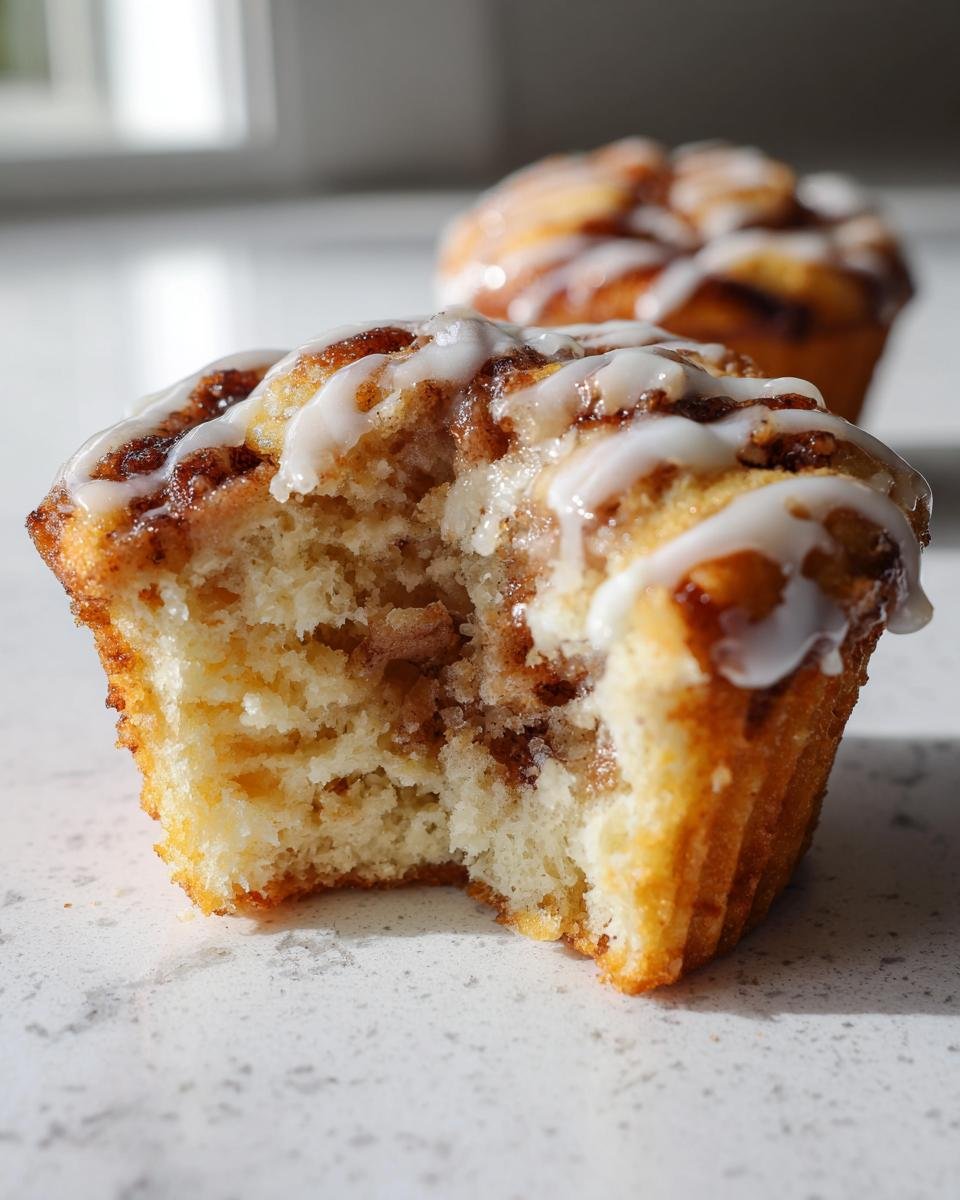 Nahaufnahme eines angeschnittenen Zimtschnecken Muffins mit fluffigem Inneren und weißem Zuckerguss, der das beste Rezept zeigt.