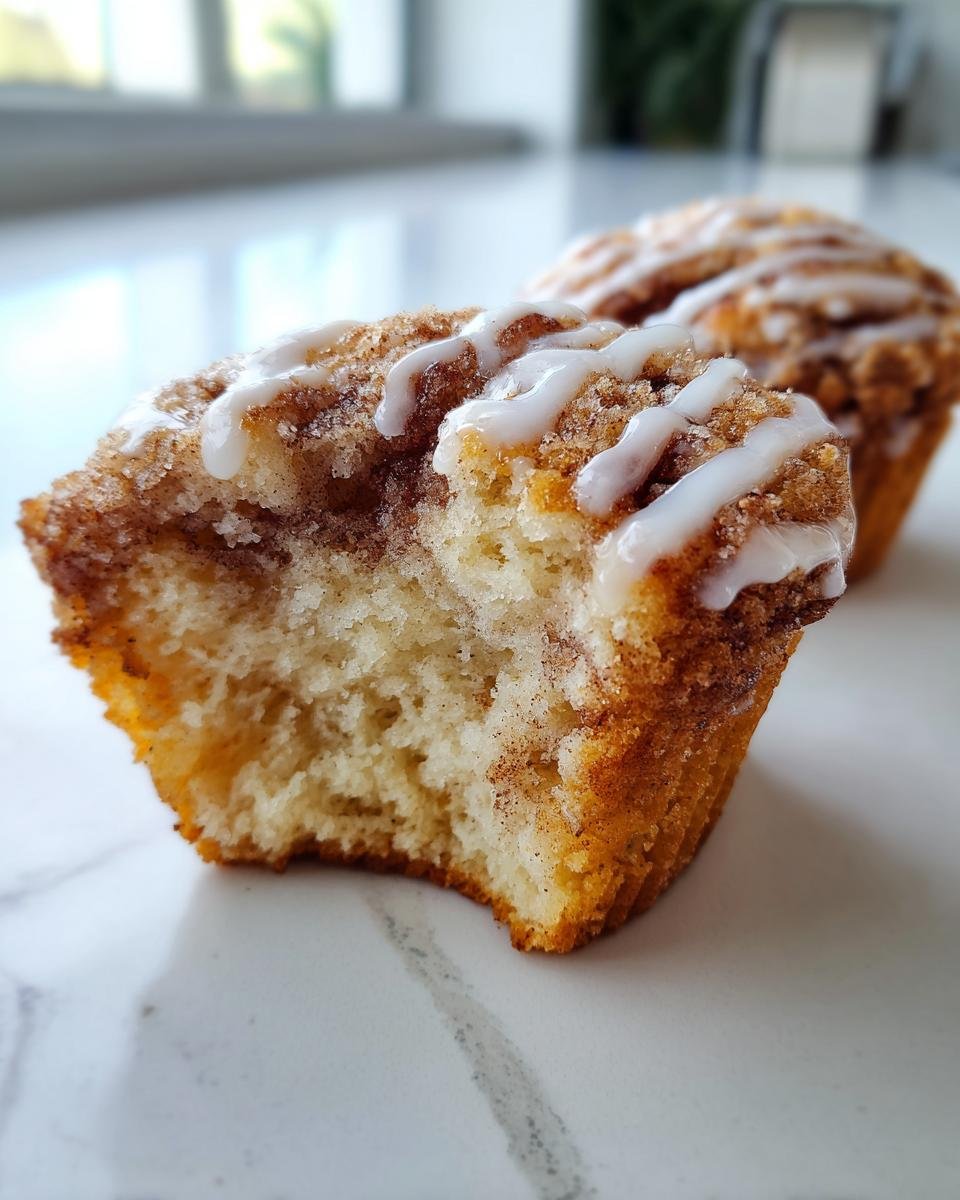 Nahaufnahme eines angeschnittenen Zimtschnecken Muffins mit fluffigem Inneren und weißem Zuckerguss.