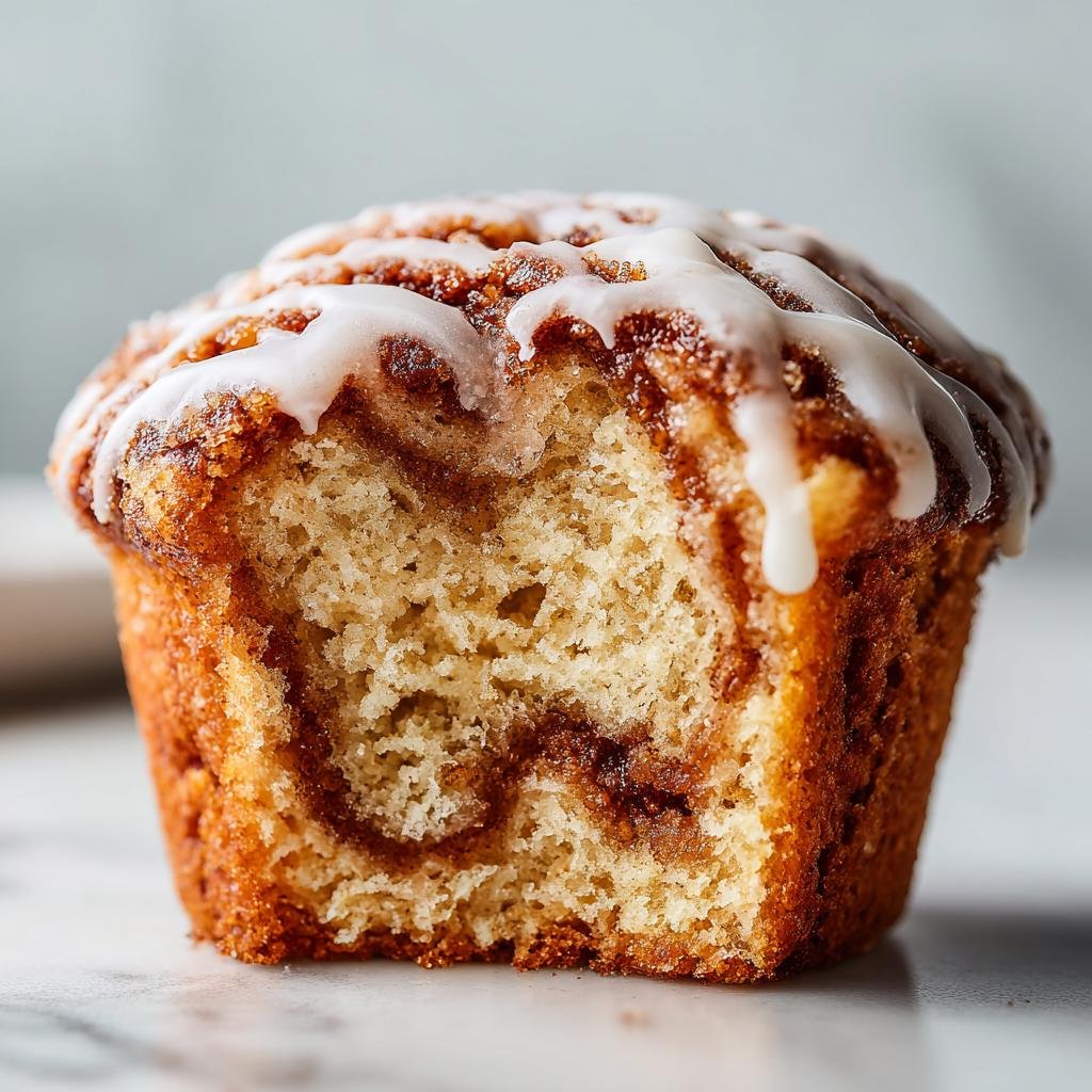 Nahaufnahme eines saftigen Zimtschnecken Muffins mit Zimtwirbel und weißem Zuckerguss.