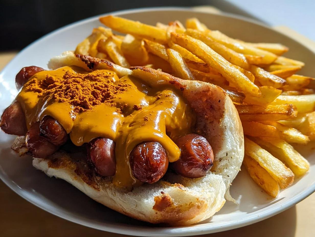 Genial 4-Zutaten Currywurst aus dem Ofen mit Pommes