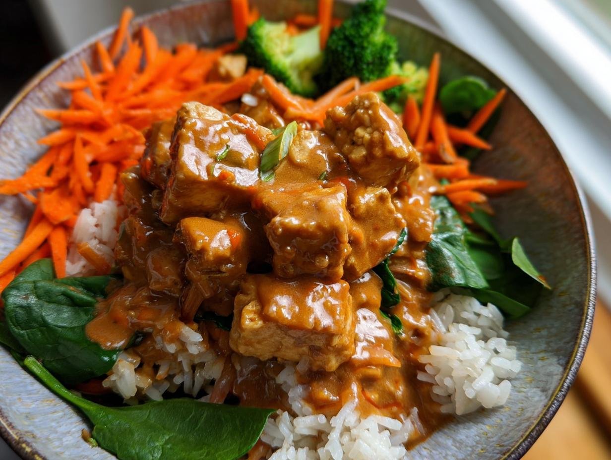 Tofu in Erdnusssauce mit Reis - Featured