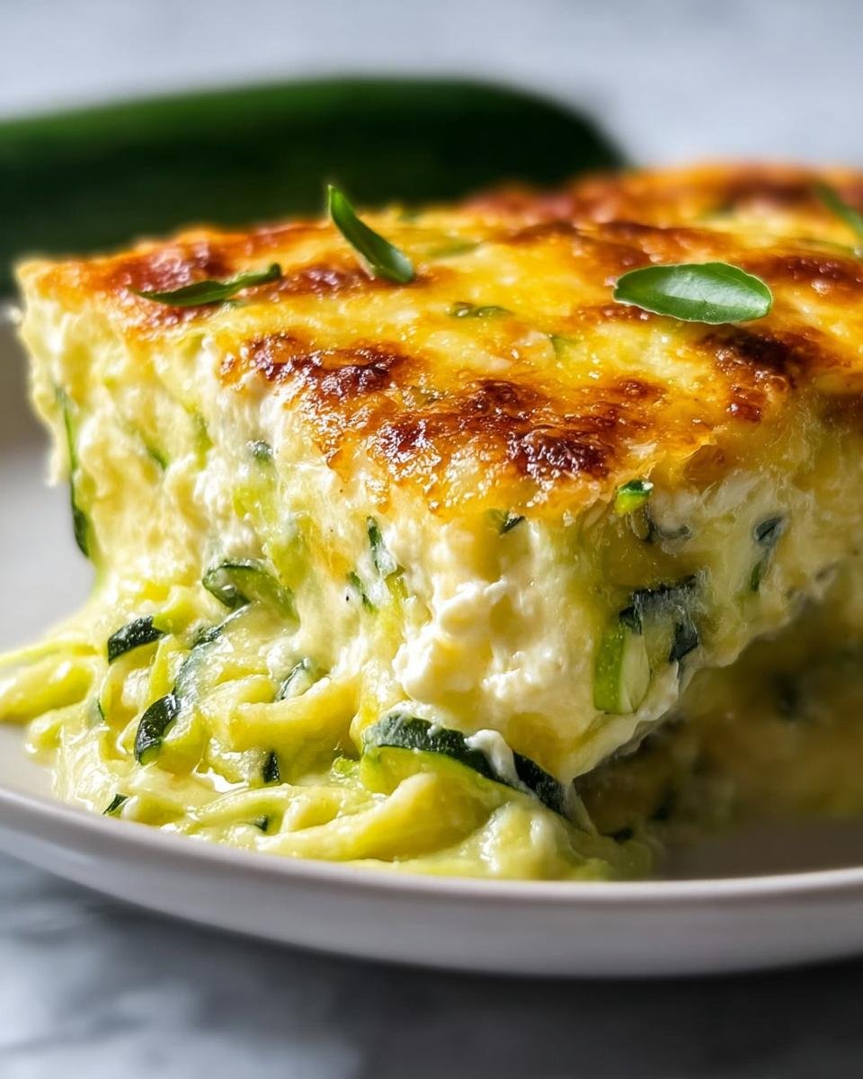 Nahaufnahme eines cremigen Stücks Zucchini-Nudelauflauf mit Käse, das an den Seiten leicht zerläuft.