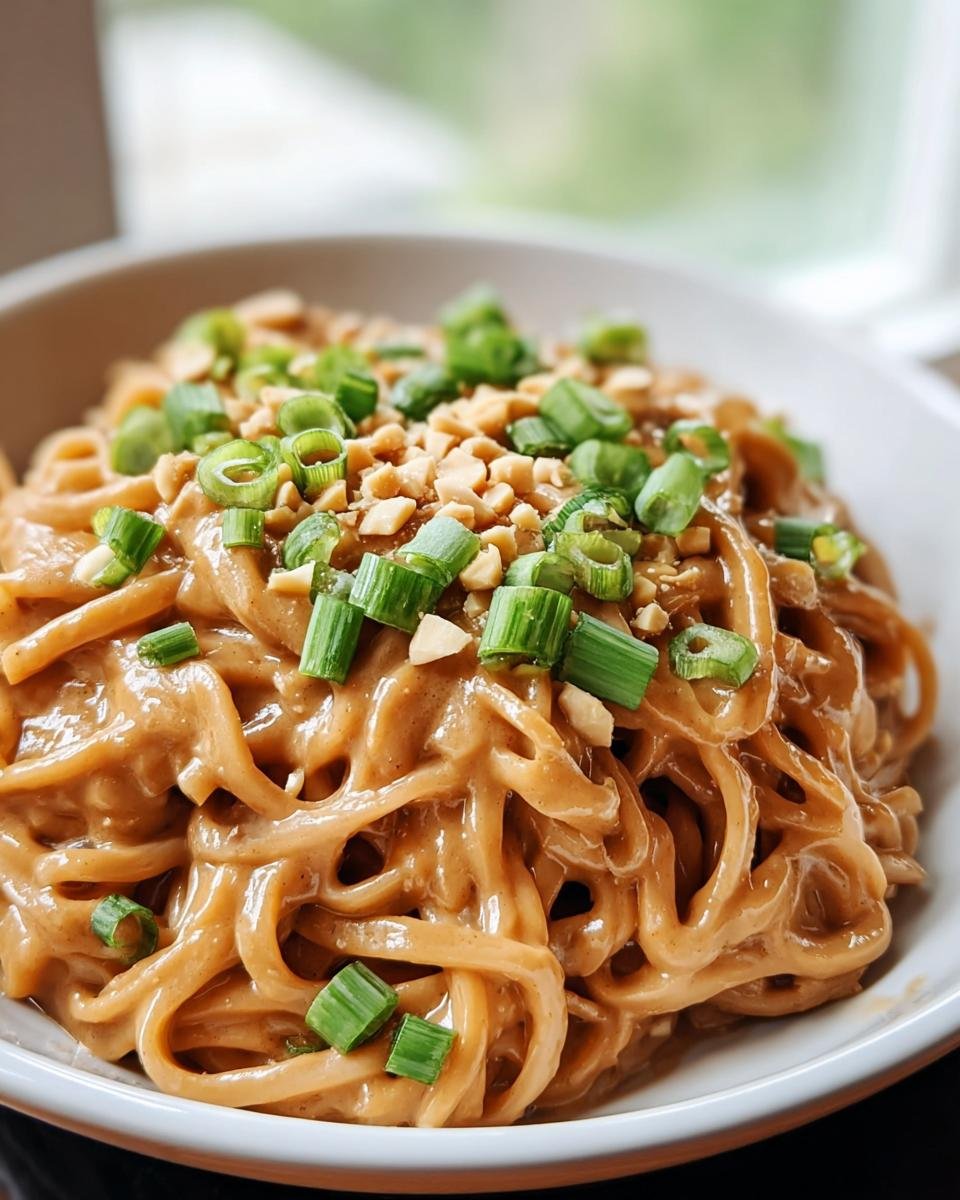 Cremige Asia-Erdnuss-Nudeln mit Gemüse, garniert mit gehackten Erdnüssen und Frühlingszwiebeln.